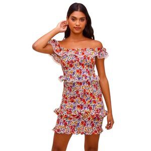 ASTR The Label Isabel Off The Shoulder Floral Ruffle and Lace Mini Dress
